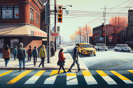 sidewalk on city street with people walking, stoplight and crosswalk in the background, created with generative aiの素材