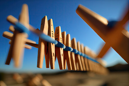 close-up of clothespins on a line, with the view of the blue sky in the background, created with generative aiの素材