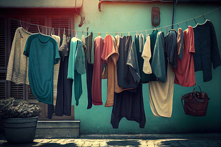 an urban clothesline with a mix of modern and vintage clothing, including dresses, shirts, pants, and blouses, created with generative aiの素材
