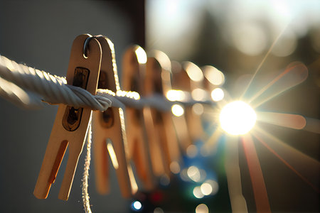 close-up of clothespins on line, with sunlight shining through, created with generative aiの素材