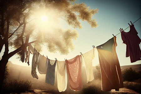 a clothesline in a warm and sunny outdoor setting, with the wind gently blowing, created with generative aiの素材