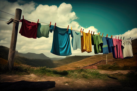 clothesline with freshly washed and dried clothing, ready for use, created with generative aiの素材
