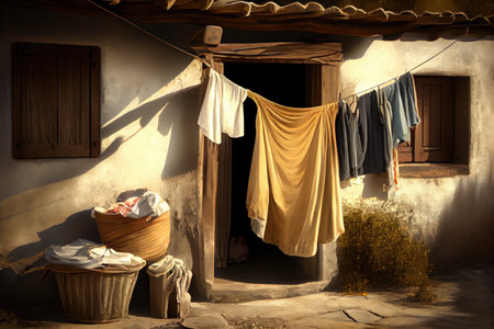 clothesline with freshly washed and dried clothing, ready for use, created with generative aiの素材