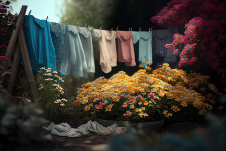 a line of drying clothes among blooming flowers in the garden, created with generative aiの素材