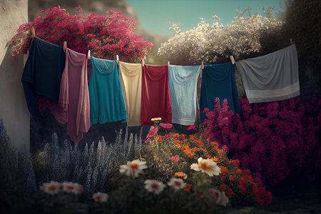 a line of drying clothes among blooming flowers in the garden, created with generative aiの素材