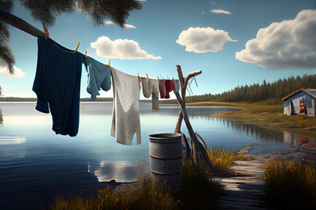 clothesline, with clothes fluttering in the breeze, on peaceful lake, created with generative aiの素材