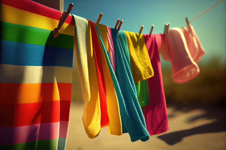 a clothesline with colorful and freshly washed towels, sheets, and other linens, created with generative aiの素材