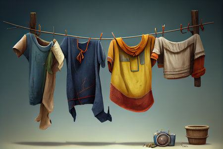 a set of clotheslines, each with a different kind of clothing hanging, created with generative aiの素材