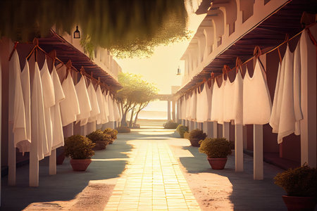 luxurious resort, with rows of freshly laundered towels and bathrobes hanging to dry in the sun, created with generative aiの素材