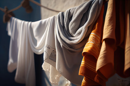 close-up of clothesline with freshly dried clothes, including towels and bedsheets, created with generative aiの素材