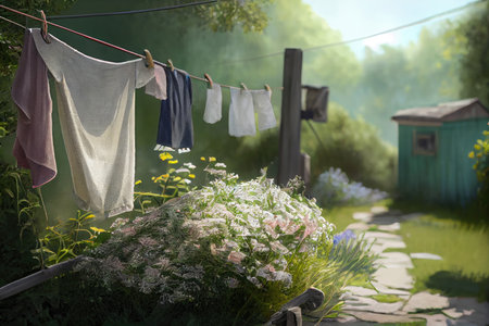 a clothesline in a garden, with freshly dried towels and linens, created with generative aiの素材
