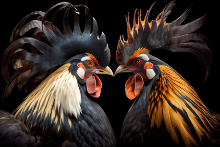 two big beautiful fighting roosters with sharp beaks for cockfights, created with generative aiの素材