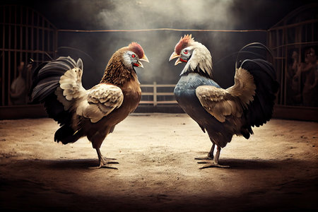 match of two chickens in arena before cockfights, created with generative aiの素材