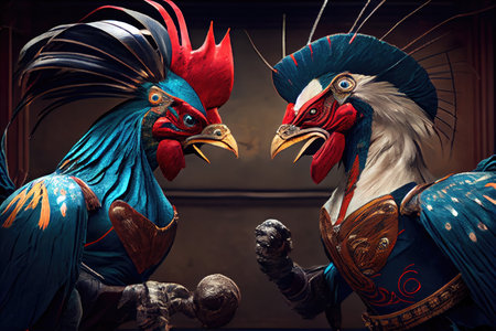 traditional fights between two roosters preparing for cockfights, created with generative aiの素材