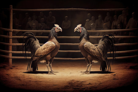 two stand facing each other in arena for cockfights, created with generative aiの素材