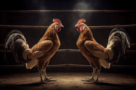 two stand facing each other in arena for cockfights, created with generative aiの素材