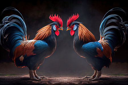 two fighting roosters stand on ground in preparation for cockfights, created with generative aiの素材