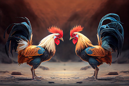 two fighting roosters stand on ground in preparation for cockfights, created with generative aiの素材