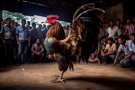 beautiful fighting rooster attracts audience in cockfights, created with generative aiの素材