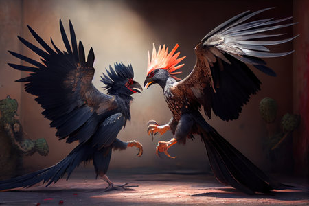 mexican cockfights between two birds with long sharp claws, created with generative aiの素材