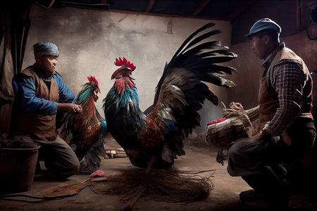 preparation of roosters for fight in preparation of cockfights, created with generative aiの素材