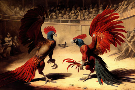 two fighting with feathers flying up among stands of cockfights, created with generative aiの素材