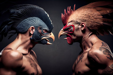 two handsome powerful fighting preparing for cockfights, created with generative aiの素材