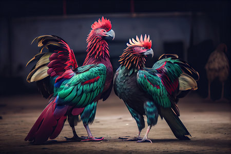 two with green and red plumage stand on arena before cockfights, created with generative aiの素材