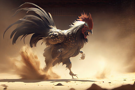fighting rooster with sharp beak on dusty arena, created with generative aiの素材