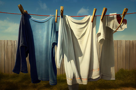 clothesline with freshly laundered and folded clothes, ready for wear, created with generative aiの素材