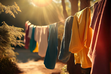 freshly dried clothes on a sunny day, creating a warm and welcoming atmosphere, created with generative aiの素材