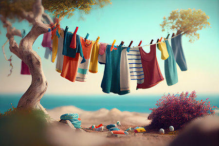 a clothesline with colorful and whimsical laundry, against a tranquil background, created with generative aiの素材