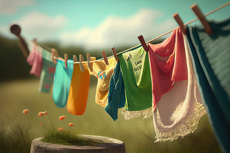 clothesline with fresh, clean laundry fluttering in the breeze, created with generative aiの素材