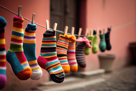 a clothesline with a variety of colorful socks hanging to dry, created with generative aiの素材