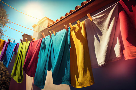 clothesline with colorful clothes drying in the sun, created with generative aiの素材