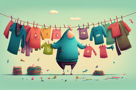 humorous illustration of clotheslines with colorful and unexpected clothing items, created with generative aiの素材