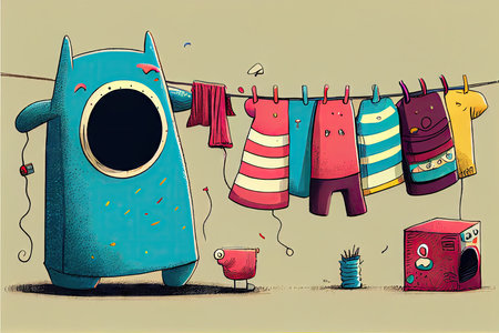 humorous illustration of clotheslines with colorful and unexpected clothing items, created with generative aiの素材