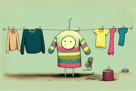 humorous illustration of clotheslines with colorful and unexpected clothing items, created with generative aiの素材
