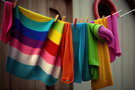 a clothesline with colorful towels and linens hanging from it, created with generative aiの素材