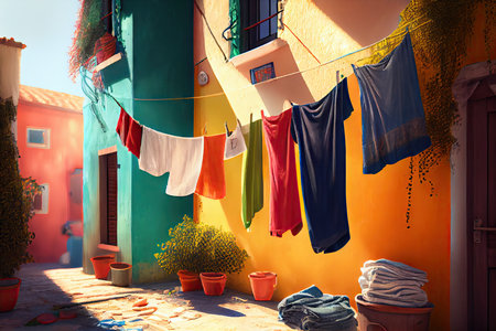 freshly washed clothes hung to dry on a colorful and sunny day, created with generative aiの素材