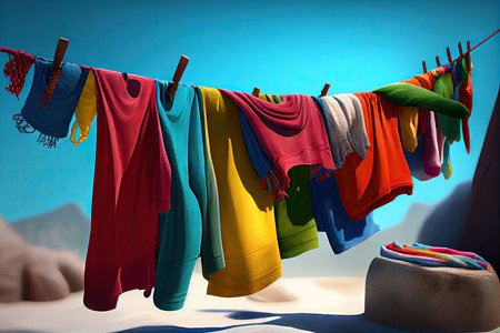clothesline with colorful and vibrant clothes hanging in the breeze, created with generative aiの素材