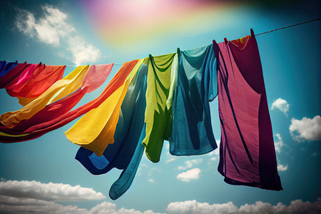 a hanging clothesline with colorful laundry fluttering in the breeze, created with generative aiの素材