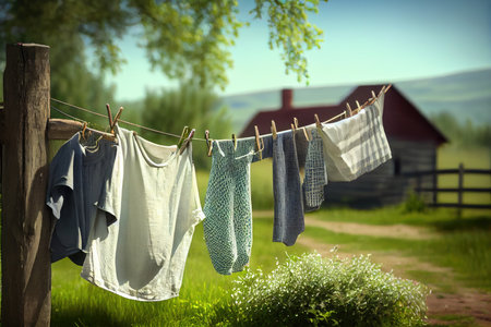 a clothesline with freshly laundered linens on a summer day, created with generative aiの素材