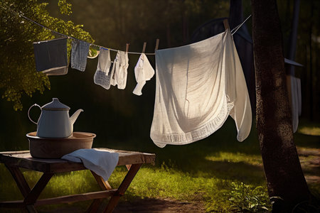 clothesline with freshly laundered linens, ready for guests, created with generative aiの素材