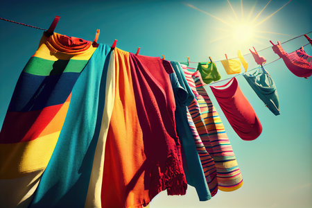 clothesline with colorful clothes on a sunny day, created with generative aiの素材