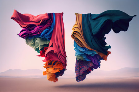 two lines of colorful clothes fluttering in the breeze, created with generative aiの素材