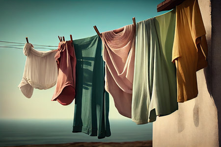 clothesline with freshly washed and dried clothes in the breeze, created with generative aiの素材