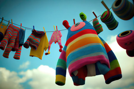 quirky clothesline with colorful and unique clothing hanging from it, created with generative aiの素材