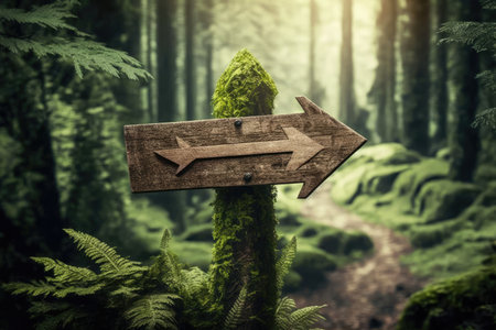 close-up of wooden signpost with arrow pointing the way through a lush green forest, created with generative aiの素材