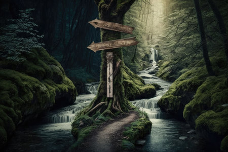 tree with directional signpost pointing the way to a hidden waterfall, created with generative aiの素材